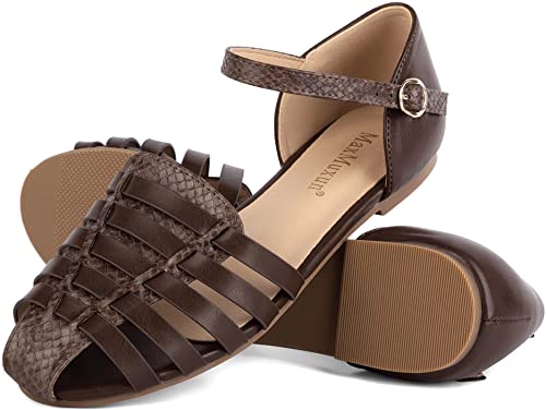 MaxMuxun Women's Closed Toe Flat Sandals Comfortable Ankle Strap Cut Out Cage Summer Roman Shoes